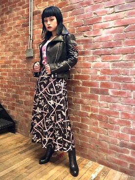 「コラボレーション」｜「アイテム（ライダースジャケット）」を使った、aykさん（レディース・157cm）の冬コーディネート