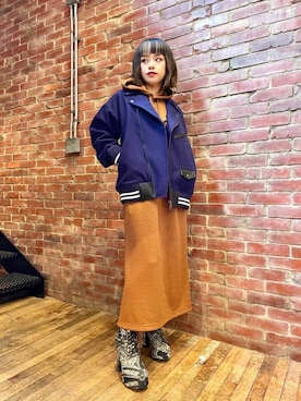 「ロング丈」｜「アイテム（ライダースジャケット）」を使った、aykさん（レディース・157cm）の冬コーディネート