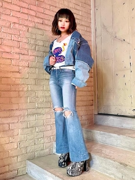 「ロンt」｜「アイテム（デニムジャケット）」を使った、aykさん（レディース・157cm）の春コーディネート