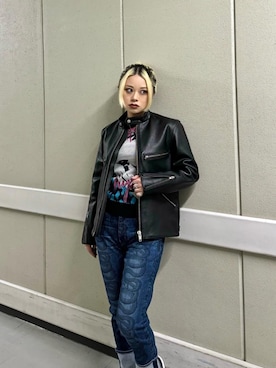 「でにむ」｜「アイテム（ライダースジャケット）」を使った、aykさん（レディース・157cm）の冬コーディネート