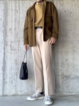 「アイテム（ノーカラージャケット、イエロー系）」を使った、Yutaro さん（メンズ・183cm）の冬コーディネート