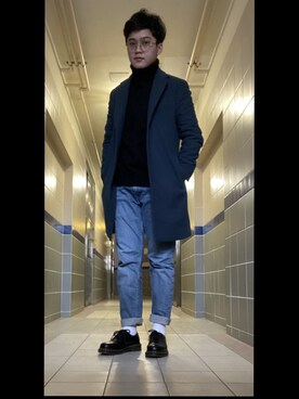 「GU（ジーユー）のアイテム（ピーコート）」を使った、KRTさん（メンズ・168cm）の冬コーディネート