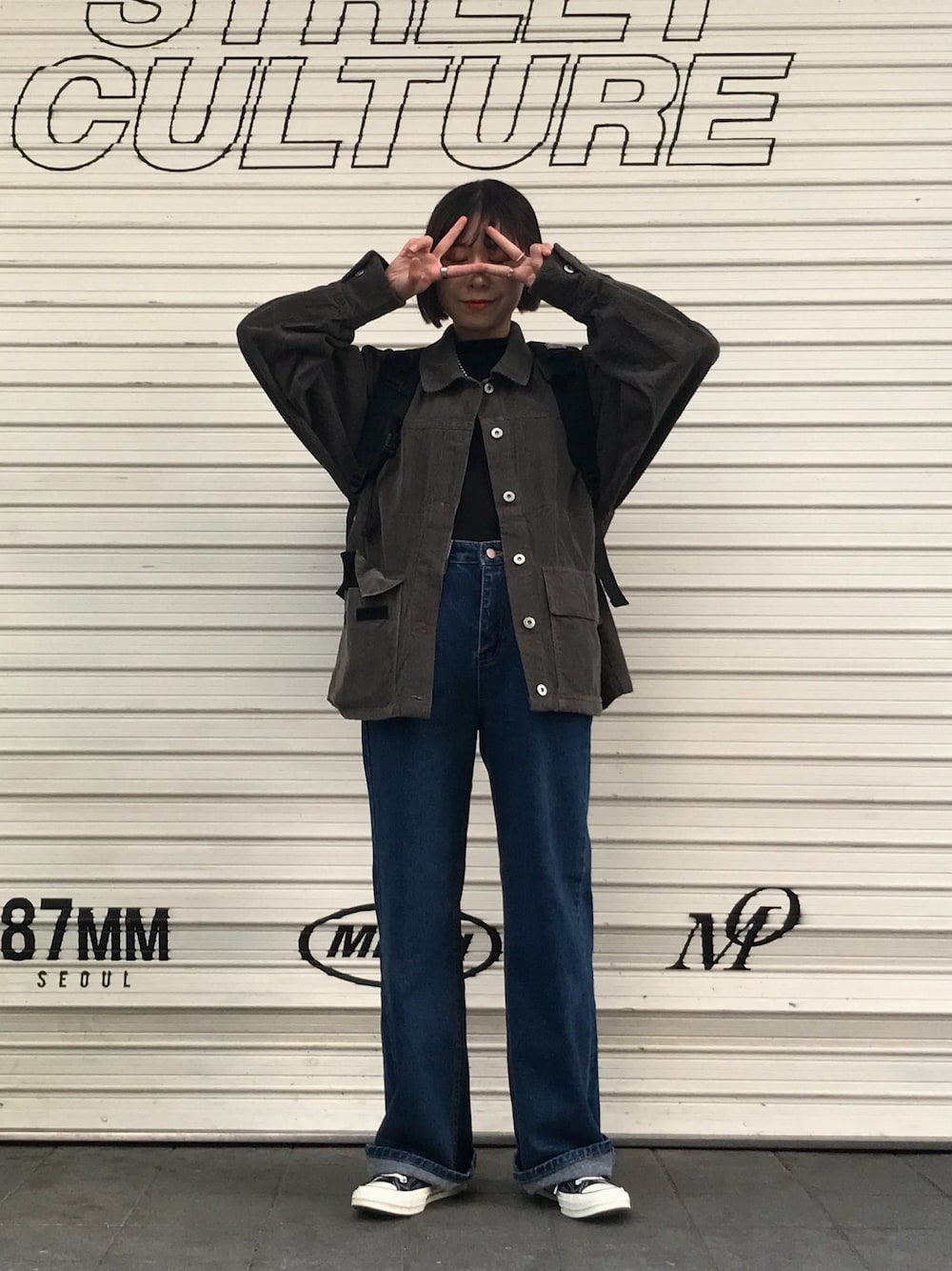 「カジュアルコーデ、秋色、アウター、シンプル、thisisneverthat、韓国ブランド、韓国ファッション、コーデュロイ」｜「thisisneverthatのアイテム（その他アウター、グリーン系）」を使った、yunaさん（レディース・156cm）の秋コーディネートの1枚目の写真