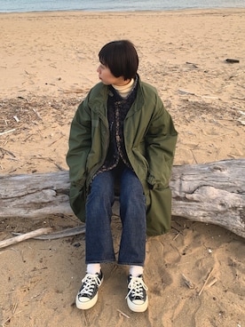 「フレアデニム」｜「アイテム（モッズコート）」を使った、yunaさん（レディース・157cm）の冬コーディネート