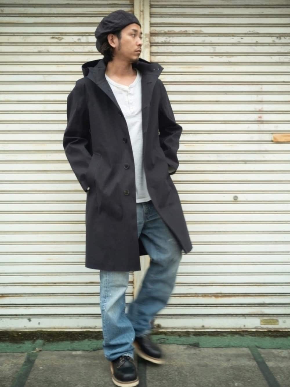 「MACKINTOSH、MACKINTOSH PHILOSOPHY、Levi's、Levis517、RED WING、CA4LA、秋冬コーデ、春コーデ、goodon、good on」｜「CA4LAのアイテム（ハンチング/ベレー帽、ブラウン系）」を使った、takahiro kawashimaさん（メンズ・175cm）の春コーディネートの1枚目の写真