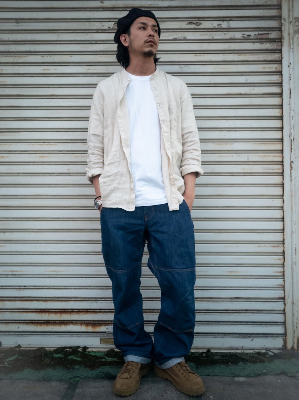 「ゆるコーデ、春コーデ、ペインターパンツ、patagonia、ユニクロ、Danner、カジュアル、リネン、リネンシャツ、お洒落さんとつながりたい」｜「UNIQLOのアイテム（シャツ/ブラウス、ベージュ系）」を使った、takahiro kawashimaさん（メンズ・175cm）の春コーディネートの1枚目の写真