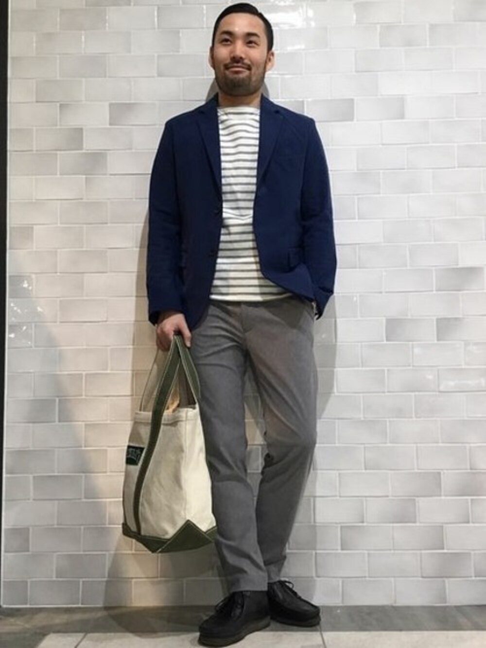 「トートバッグ、hawaii、journal standard、イージーパンツ、春コーデ、WONDER SHAPE、BEGIN掲載、2018、KANTIAN、DRY CHINOジャケット」｜「JOURNAL STANDARDの【Begin掲載】【KANTIAN】4WAYストレッチ DRY CHINOジャケット#（テーラードジャケット、ブルー系）」を使った、yoshihikoさん（メンズ・173cm）の冬コーディネートの1枚目の写真