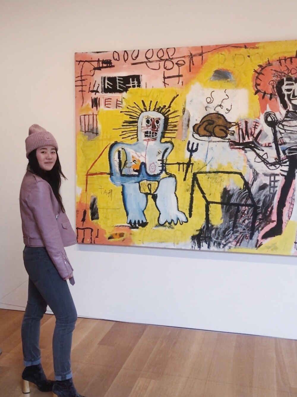 「ootd、wiwt、outfit、ART、basquiat、pink、ACNE、Bershka、leather」｜「Acne Studiosのアイテム（ニットキャップ/ビーニー、ピンク系）」を使った、Caroline H. Leeさん（レディース・165cm）の春コーディネートの1枚目の写真