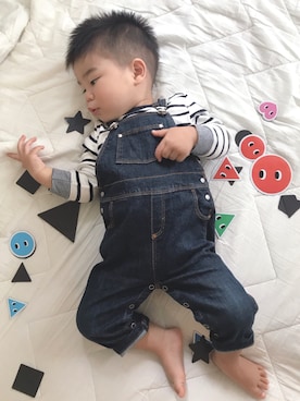 「PETIT BATEAU（プチバトー）のアイテム（オールインワン・サロペット）」を使った、ほっぺくんさん（キッズ・80cm）の秋コーディネート