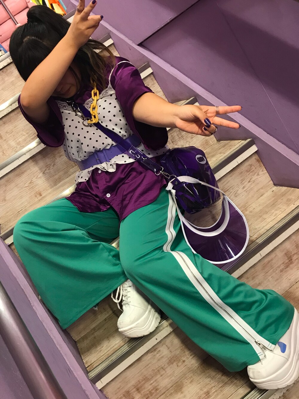 「おしゃれさんと繋がりたい、今日のコーデ、夏、ootd、原宿、原宿ファッション、むらさき、サンバイザー、原色」｜「WCのWC/ハート厚底スニーカー（スニーカー、ホワイト系）」を使った、paporinさん（レディース・150cm）の夏コーディネートの1枚目の写真