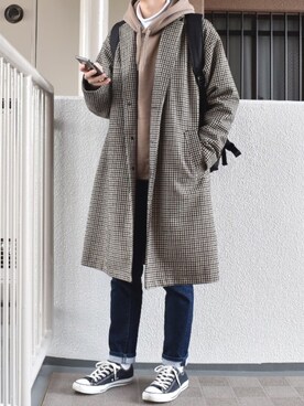 「coen（コーエン）のアイテム（チェスターコート）」を使った、すばるさん（メンズ・168cm）の冬コーディネート