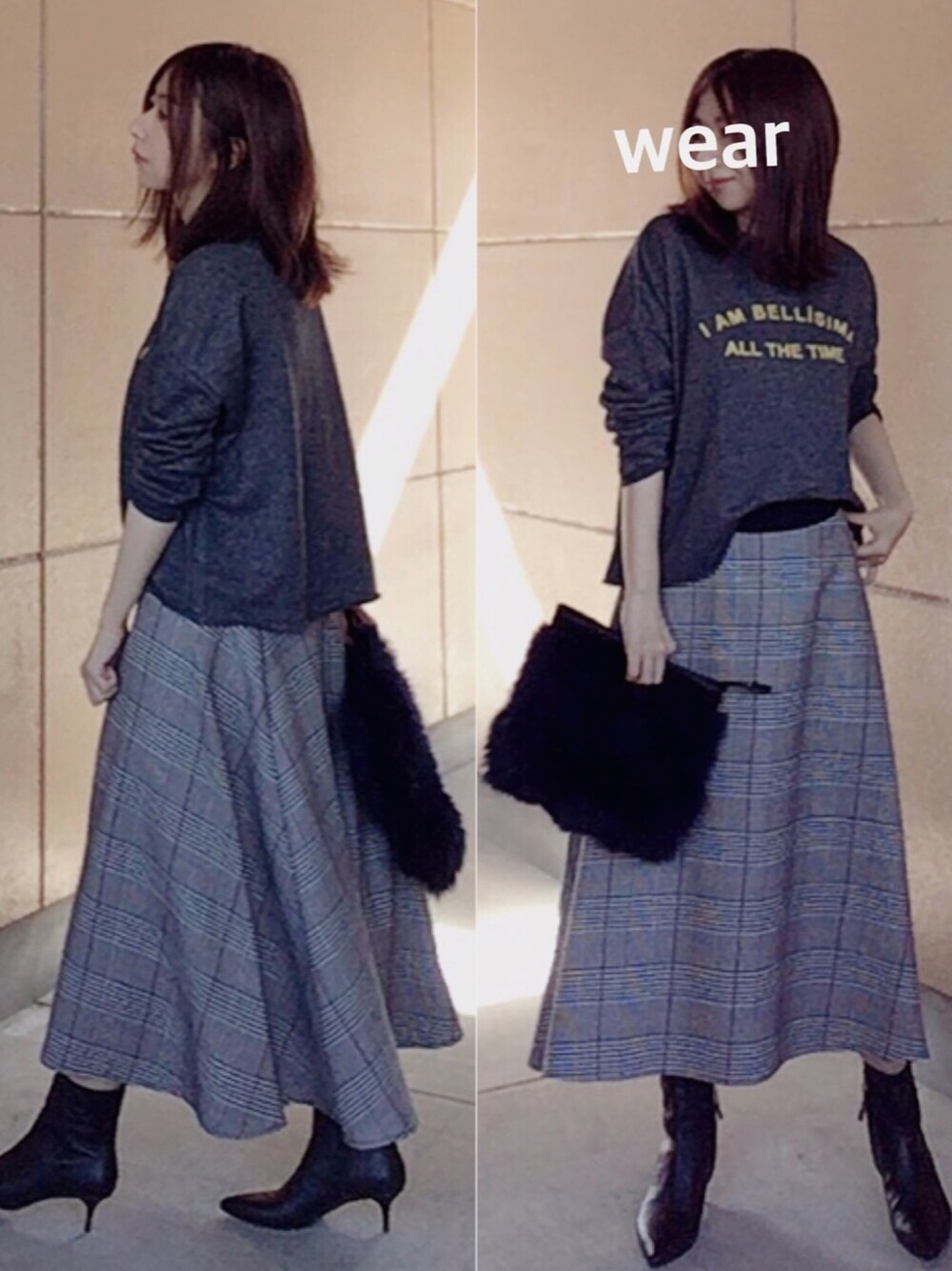 「グレンチェック、ロゴスウェット、スカートスタイル、ZARA、ZARA靴、ショートブーツ、ピンヒール、グレー、ザラジョ、ファーバッグ」｜「ZARAのアイテム（Tシャツ/カットソー、グレー系）」を使った、noCo*さん（レディース・154cm）の秋コーディネートの1枚目の写真