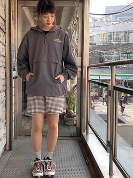「Champion（チャンピオン）のアイテム（ナイロンジャケット）」を使った、HUG Harajukuさん（レディース・163cm）の春コーディネート