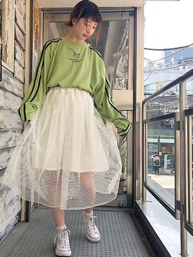 「アメリカ古着のアイテム（Tシャツ/カットソー、グリーン系）」を使った、HUG Harajukuさん（レディース・163cm）の春コーディネート