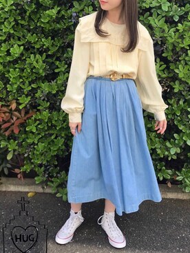 「VINTAGE（ヴィンテージ）のアイテム（シャツ/ブラウス、イエロー系）」を使った、HUG Harajukuさん（レディース・163cm）の春コーディネート