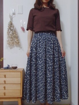 「Honeys（ハニーズ）の花柄ロングスカート（スカート、ブルー系）」を使った、kuma＊さん（レディース・154cm）の春コーディネート