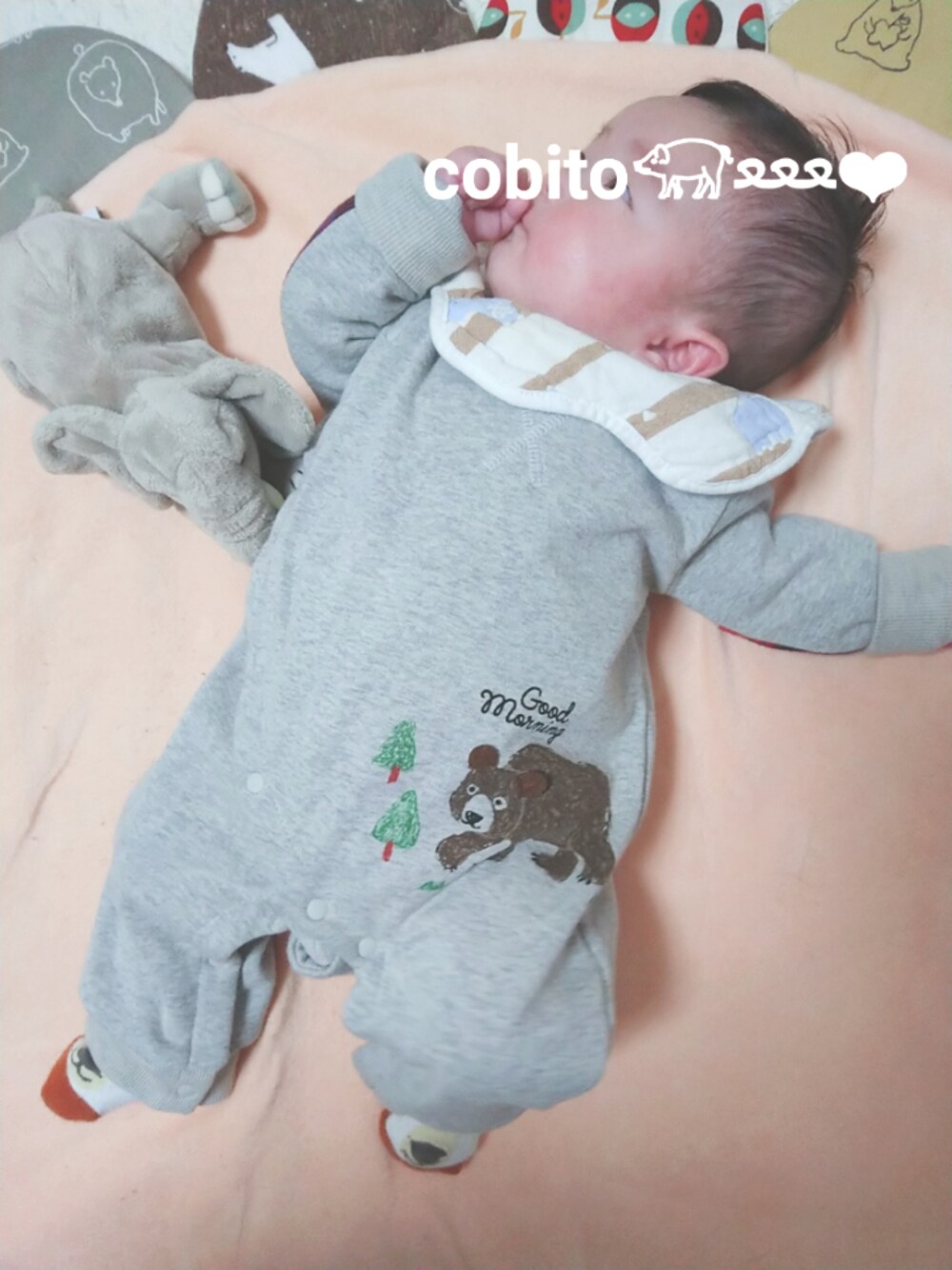 「男の子、おとこのこ、ベビーコーデ、3カ月、０歳、kids、kidsfashion」｜「西松屋のアイテム（ロンパース、グレー系）」を使った、cobito_chan𓃟ﻌﻌﻌ❤︎さん（キッズ・70cm）の冬コーディネートの1枚目の写真