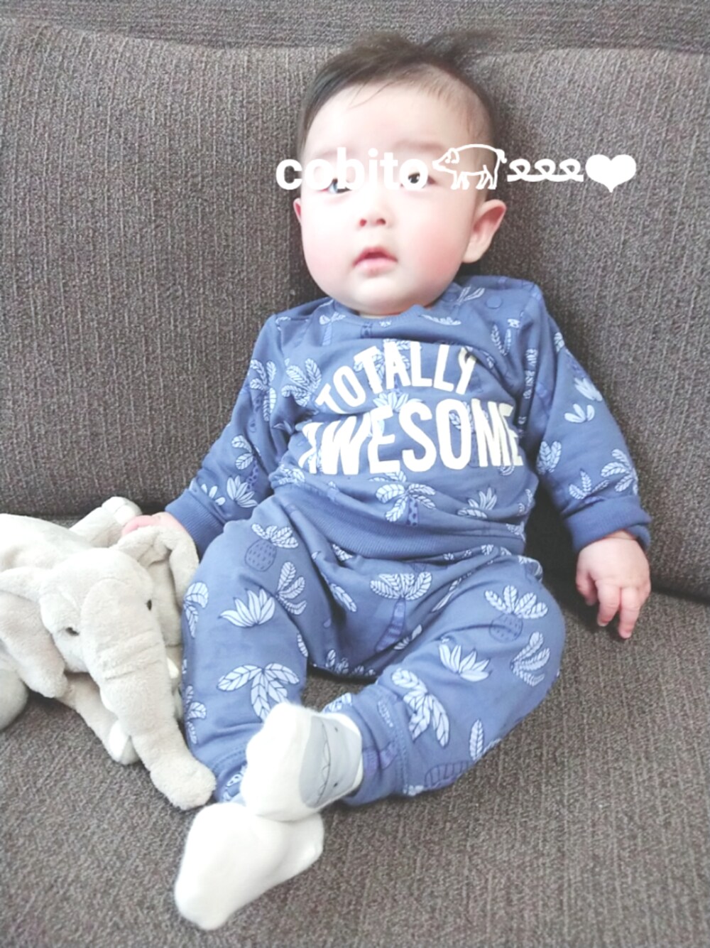 「男の子、おとこのこ、ベビーコーデ、０歳、4カ月、kids、kidsfashion」｜「H&Mのアイテム（スウェット、ブルー系）」を使った、cobito_chan𓃟ﻌﻌﻌ❤︎さん（キッズ・70cm）の冬コーディネートの1枚目の写真