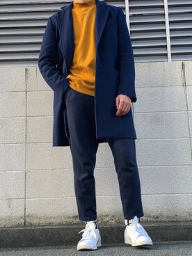 「JUNRED（ジュンレッド）のアイテム（チェスターコート）」を使った、mashaさん（メンズ・173cm）の冬コーディネート