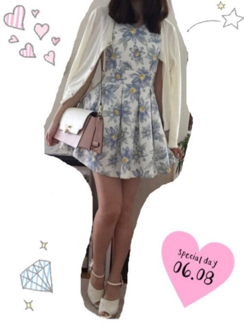 「dazzlinのﾏｰｶﾞﾚｯﾄVﾈｯｸﾜﾝﾋﾟｰｽ（ワンピース、ホワイト系）」を使った、ぴぴ♡さん（レディース・165cm）の夏コーディネートの1枚目の写真