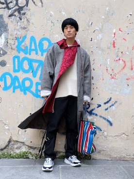 「doublet（ダブレット）のアイテム（ステンカラーコート）」を使った、KULO さん（メンズ・180cm）の冬コーディネート