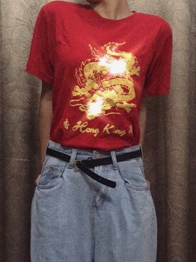 「no brand（ノーブランド）のアイテム（Tシャツ/カットソー、レッド系）」を使った、WhoseRosebudさん（レディース・158cm）の秋コーディネート
