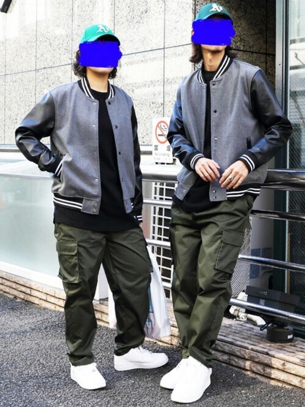 「スタジャン、NIKE、ストリート、カーゴパンツ、お揃い、シンプルコーデ、エイト、８(eight)、8eight、LOS ANGELES APPAREL」｜「８(eight)のメルトンウールスタジャン（スタジャン、グレー系）」を使った、8(eight)さん（メンズ・176cm）の冬コーディネートの1枚目の写真