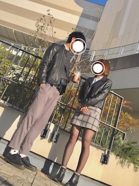 「カップル」｜「アイテム（ライダースジャケット）」を使った、Y＊Aさん（レディース・158cm）の冬コーディネート