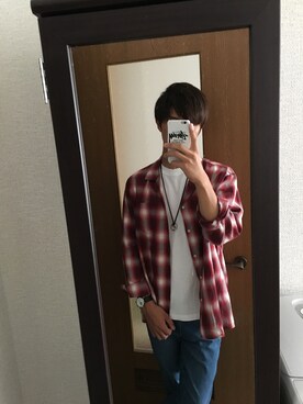 「WEGO（ウィゴー）のアイテム（シャツ/ブラウス、レッド系）」を使った、tさん（メンズ）の秋コーディネート