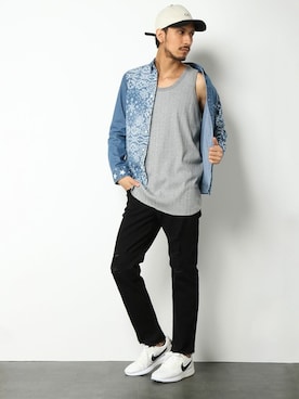 「アイテム（タンクトップ、グレー系）」を使った、COX公式オンラインモデルさん（メンズ・180cm）の春コーディネート