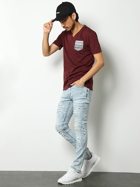 「ポケットＴシャツ」｜「アイテム（キャップ）」を使った、COX公式オンラインモデルさん（メンズ・180cm）の夏コーディネート