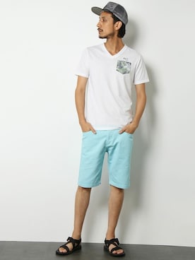 「ポケットＴシャツ」｜「アイテム（キャップ）」を使った、COX公式オンラインモデルさん（メンズ・180cm）の夏コーディネート