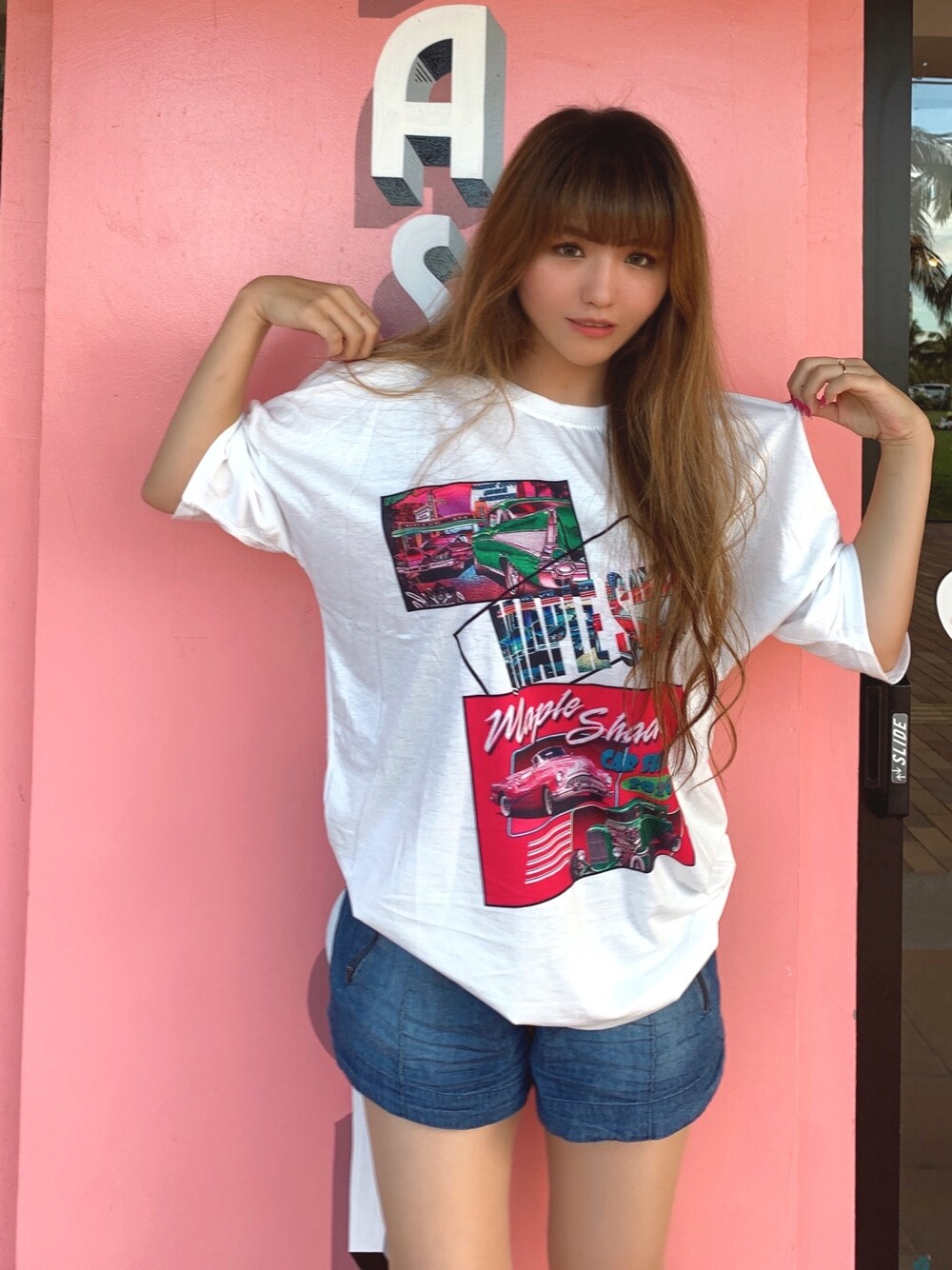 「休日スタイル、シンプルコーデ、今日のコーデ、ママコーデ、夏コーデ、プリントT、ootd、ファッションコーデ、プチプラコーデ」｜「SHEINのアイテム（Tシャツ/カットソー、ホワイト系）」を使った、kumiさん（レディース・166cm）の春コーディネートの1枚目の写真