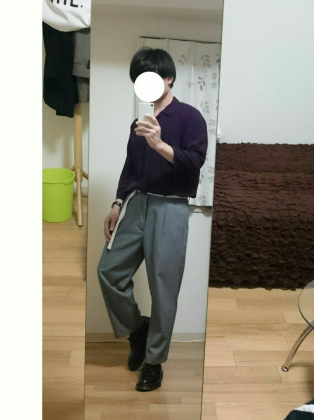 「秋のコーデ、開襟シャツ、ガチャベルト、腕時計、ワイドパンツ、タックイン、革靴」｜「RAGEBLUEのレーヨンオープンカラーシャツ7分袖/767388（シャツ/ブラウス、パープル系）」を使った、tskz.さん（メンズ・161cm）の秋コーディネートの1枚目の写真