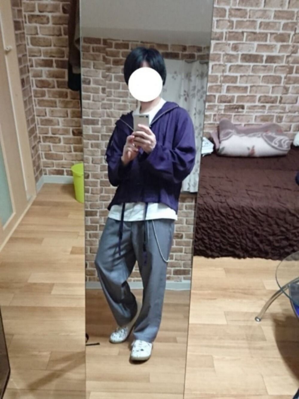「フードジャケット、Tシャツ、ワイドパンツ、ウォレットチェーン、スニーカー、夏セールで買いました」｜「URUのアイテム（その他アウター、パープル系）」を使った、tskz.さん（メンズ・161cm）の夏コーディネートの1枚目の写真