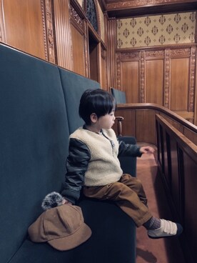 「B:MING by BEAMS（ビーミングバイビームス）のAVIREX×ビーミング by ビームス / 別注リバーシブルMA-1（MA-1）」を使った、yukiさん（キッズ・90cm）の冬コーディネート