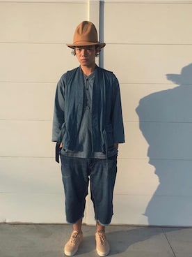「plain-me（プレインミー）のアイテム（ベスト）」を使った、游子賢さん（メンズ・176cm）の夏コーディネート