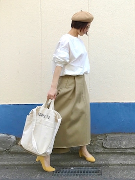 「ベルイエロー」｜「アイテム（ハンチング/ベレー帽）」を使った、mayu.tさん（レディース・155cm）の春コーディネート