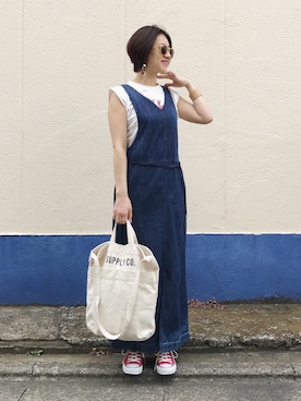 「ロックT」｜「アイテム（オールインワン・サロペット）」を使った、mayu.tさん（レディース・155cm）の夏コーディネート