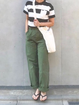 「ボーダーTシャツ」｜「アイテム（ビーチサンダル）」を使った、mayu.tさん（レディース・155cm）の夏コーディネート