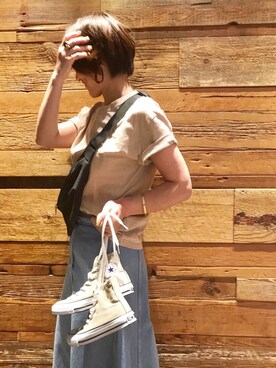 「TODAYFUL（トゥデイフル）のベンドフレームピアス（ピアス（両耳用））」を使った、mayu.tさん（レディース・155cm）の夏コーディネート