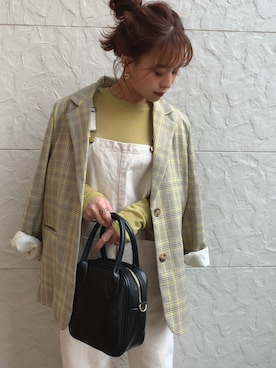 「チェックジャケット」｜「アイテム（サロペット/オーバーオール）」を使った、megumiさん（レディース・152cm）の春コーディネート
