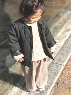 「西松屋（ニシマツヤ）のアイテム（ジャケット/アウター、ブラック系）」を使った、yuuuiriさん（キッズ・80cm）の秋コーディネート