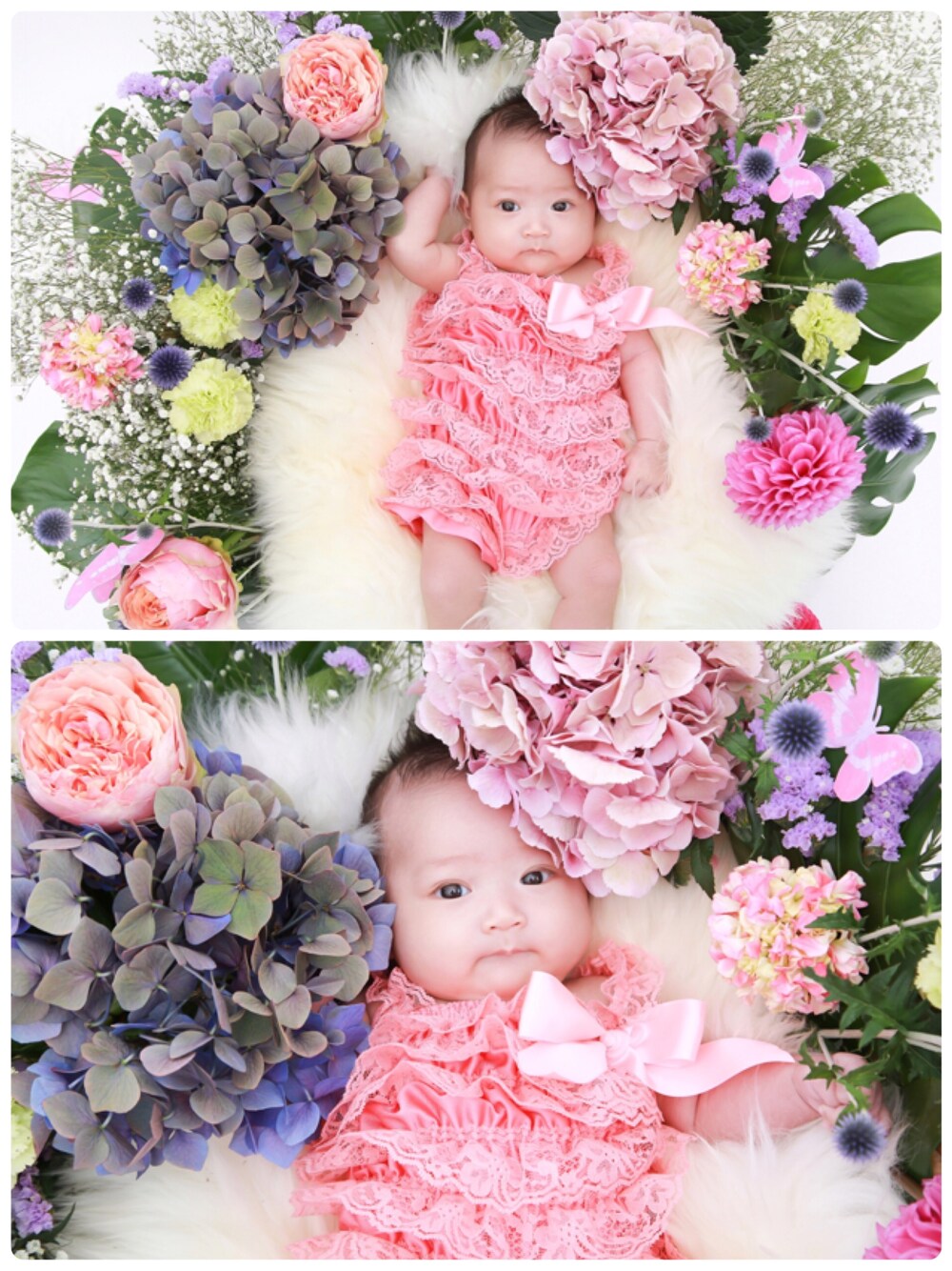 「babyfashion、ベビーファッション、babycode、ベビーコーデ、babygirl 、ベビーガール、newborn、新生児」｜「ネット購入のアイテム（ロンパース、ピンク系）」を使った、NONNONさん（キッズ・50cm）の春コーディネートの1枚目の写真