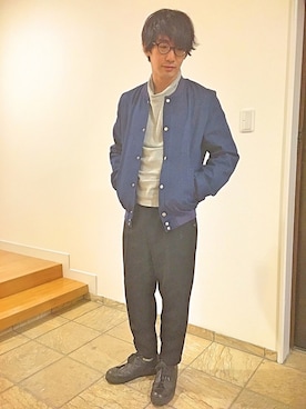 「Maison Kitsune（メゾンキツネ）のアイテム（スタジャン）」を使った、HirôtaKa_sTさん（メンズ・171cm）の冬コーディネート