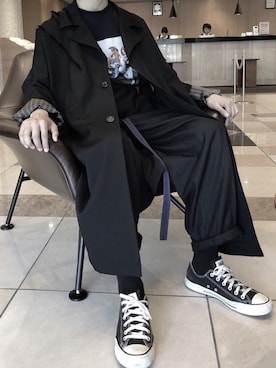 「Yohji Yamamoto POUR HOMME（ヨウジヤマモトプールオム）のアイテム（ステンカラーコート）」を使った、かぎょうさん（メンズ・172cm）の春コーディネート