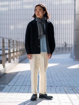 「アイテム（ニット/セーター、ブルー系）」を使った、かぎょうさん（メンズ・173cm）の冬コーディネート