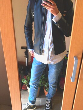 「BACK NUMBER（バックナンバー）のアイテム（ライダースジャケット）」を使った、peaceさん（メンズ・177cm）の冬コーディネート