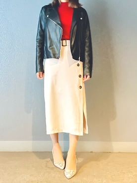「ラップスカート」｜「アイテム（ライダースジャケット）」を使った、naaさん（レディース・152cm）の春コーディネート