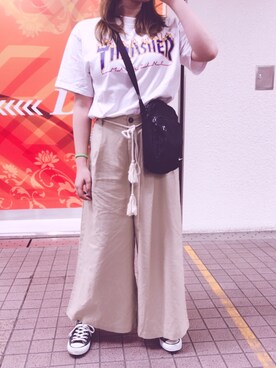 「Dickies（ディッキーズ）のアイテム（T Shirts、ホワイト系）」を使った、ぽにょさん（レディース・157cm）の夏コーディネート
